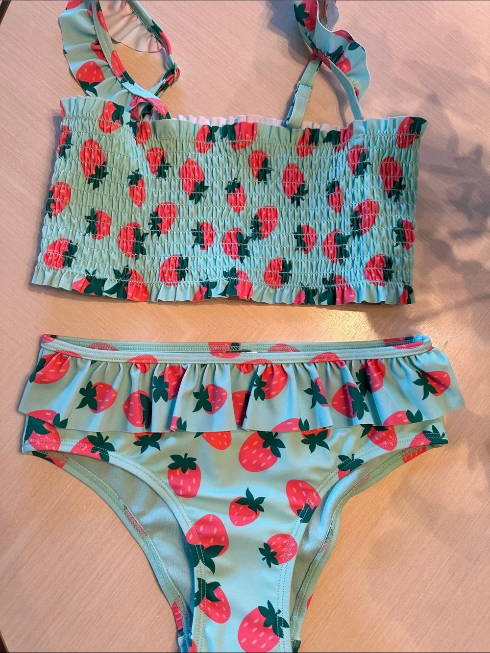Girls Strawberry Print Ruffle Bikini Set - Mint and Pink NWOT size 7/8